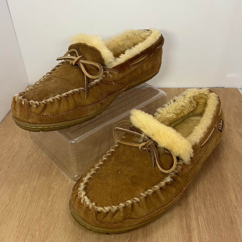 L.L. Bean Wicked Good Moccasin Men 10 Brown Suede Shearling Lodge Slippers Slide